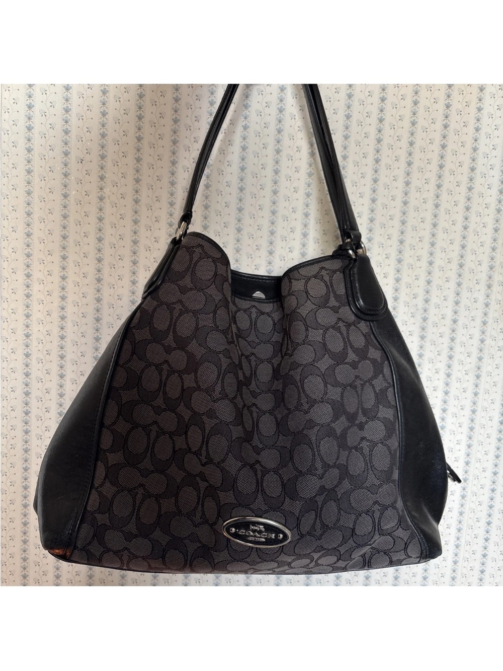 Coach Edie Handbag Black/Gray
Canvas "C" Design Shoulder
Strap QBox